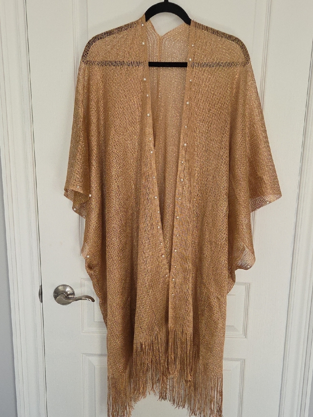 Gold Metallic Fringe Kimono Cover-Up With Pearls NWT